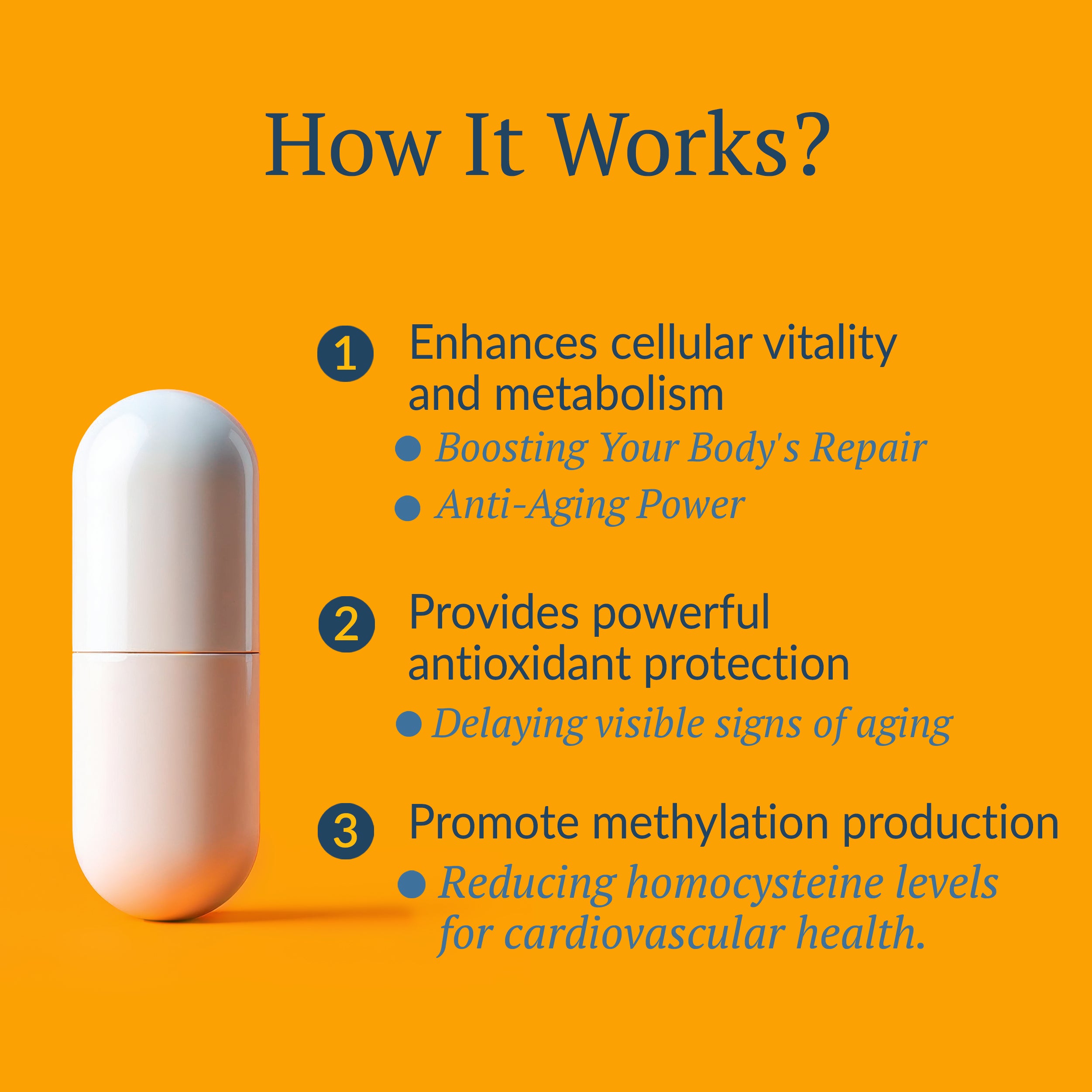 OptiNourish NAD Optimal supplement with text explaining its benefits on an orange background