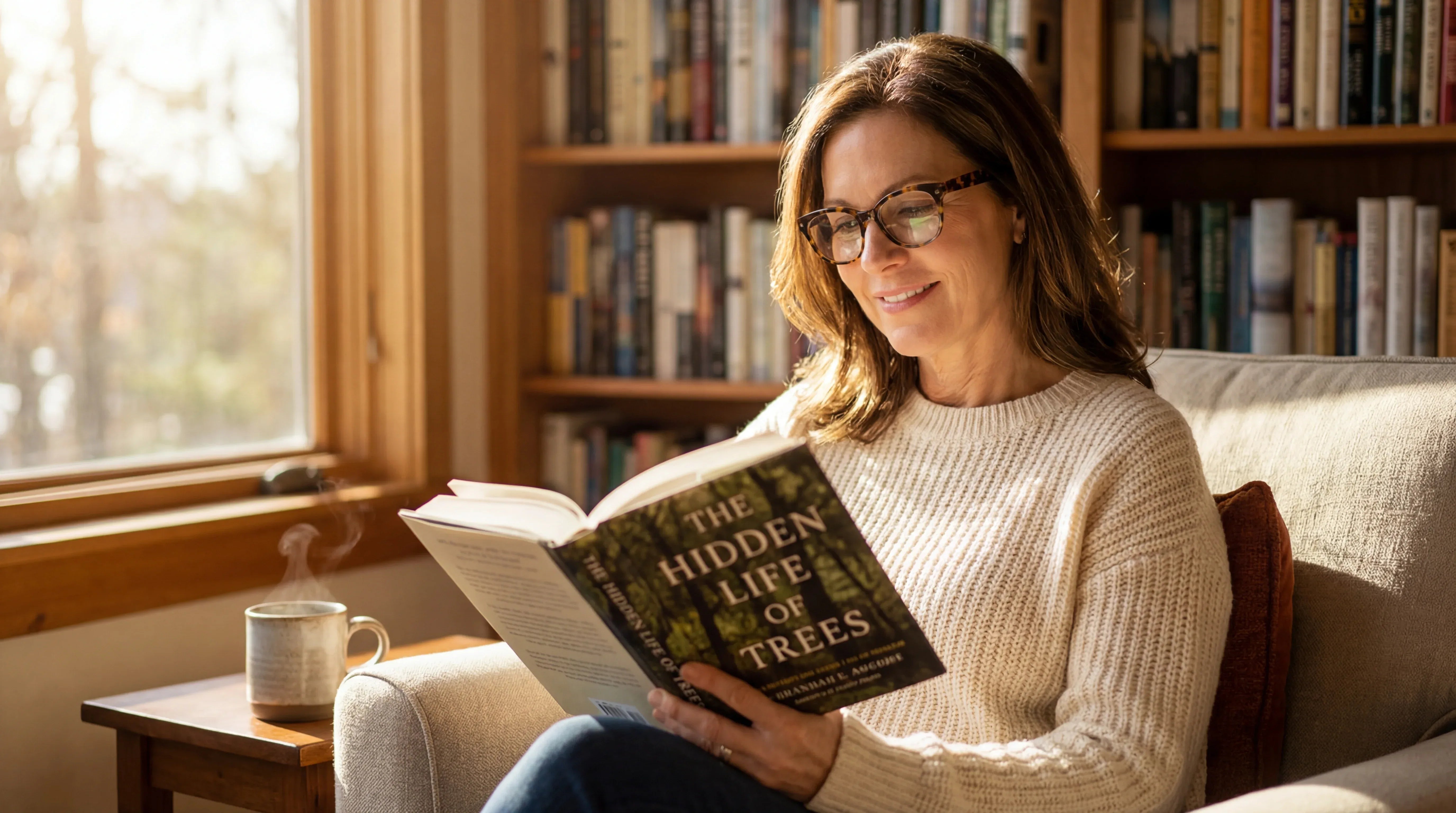 Woman reading a book in a cozy room with bookshelves.