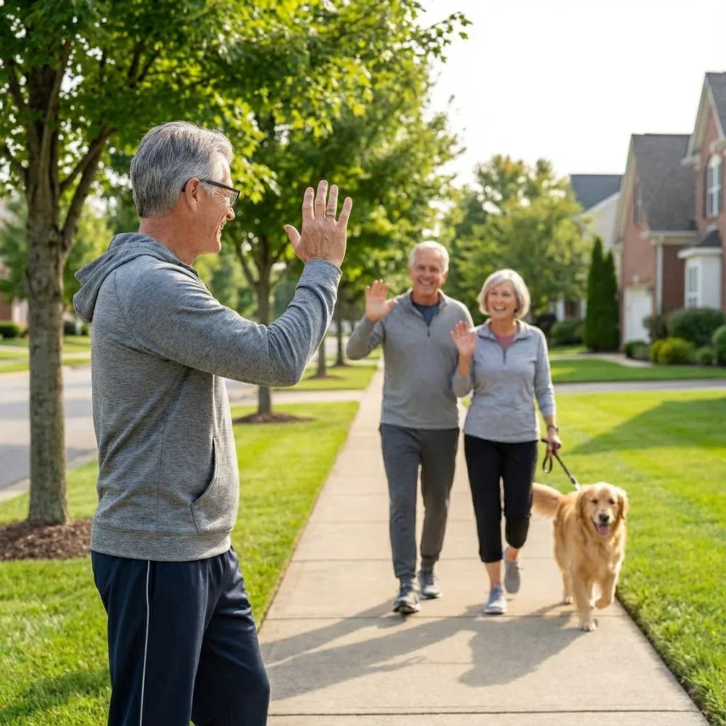 Two older couples walking a dog on a suburban sidewalk with trees and houses in the background.