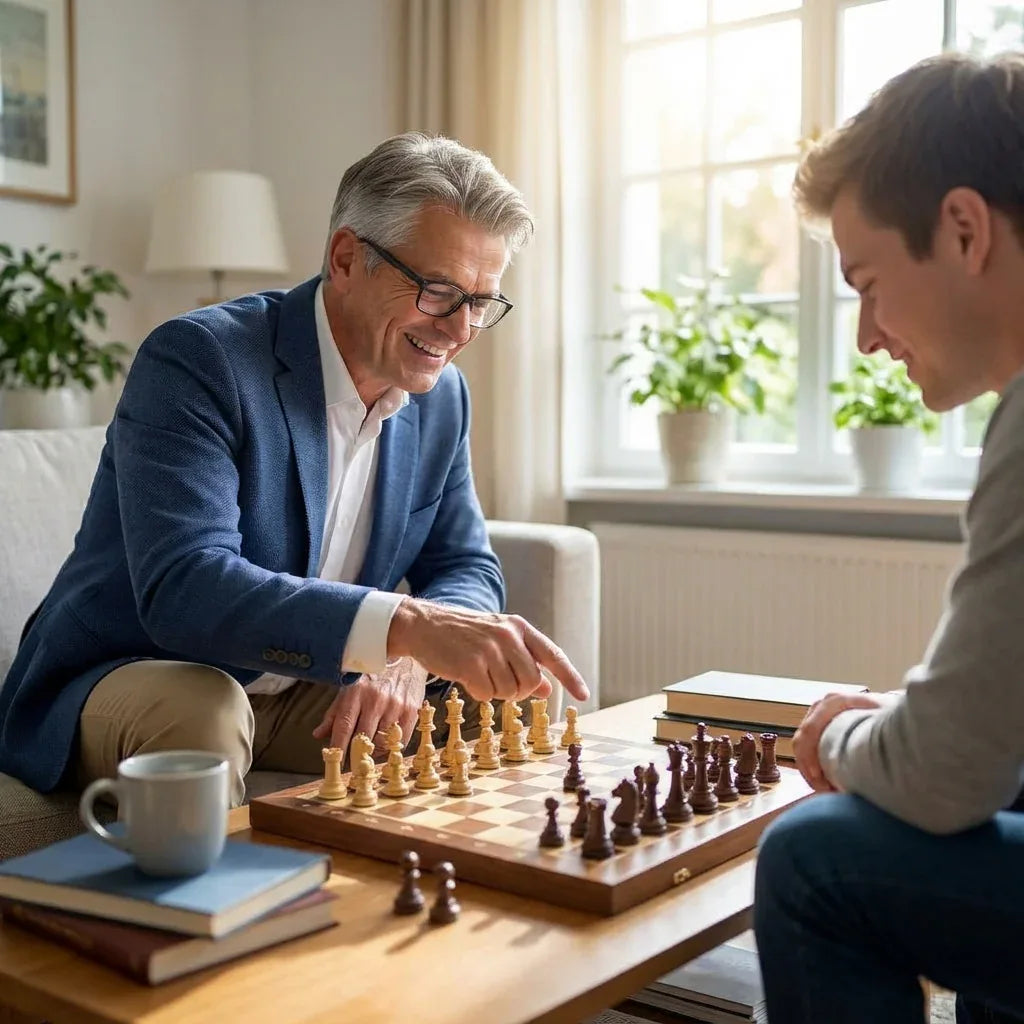 Two men playing chess in a cozy living room with books and a cup on the table.