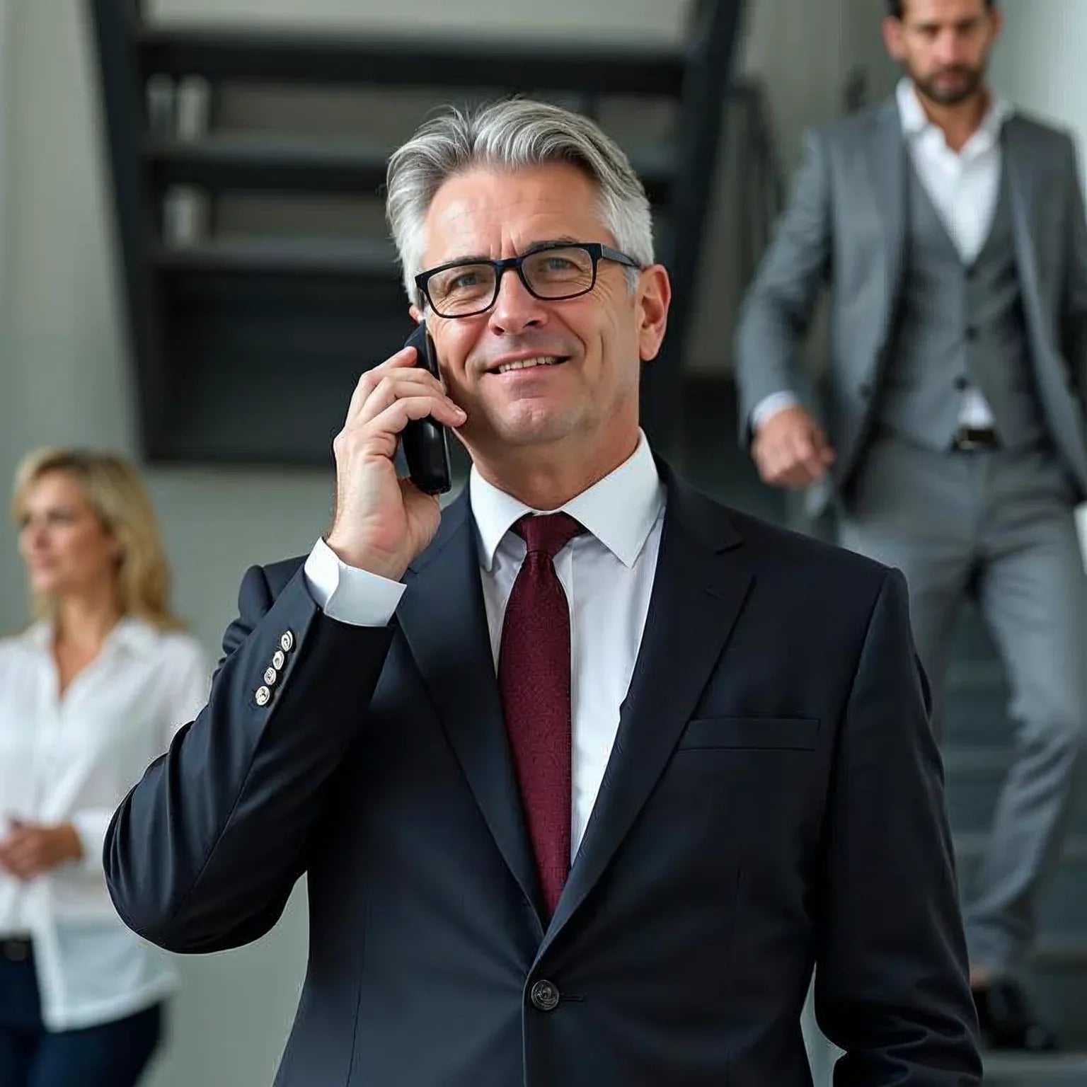 Man in a suit talking on a phone with colleagues in the background