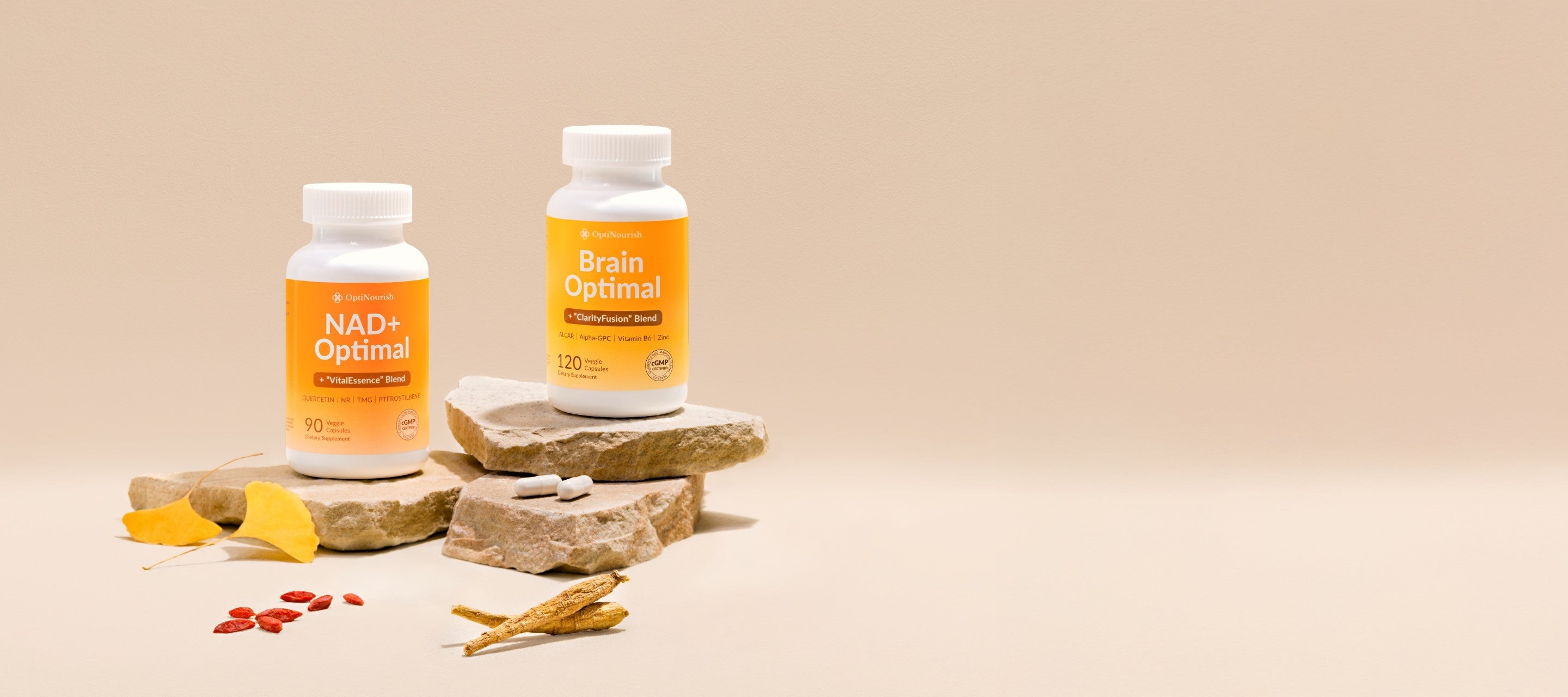 Two supplement bottles labeled 'NAD+ Optimal' and 'Brain Optimal' on a beige background.