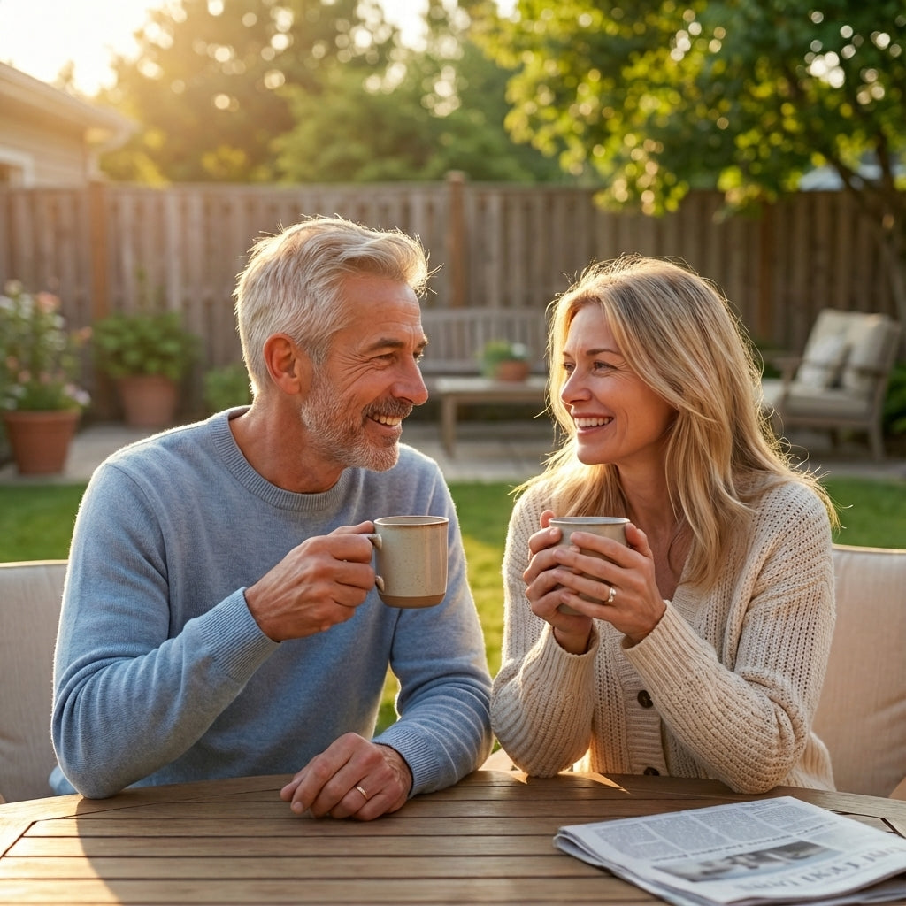 Man and woman sitting outdoors at a table with coffee mugs, enjoying each other's company.